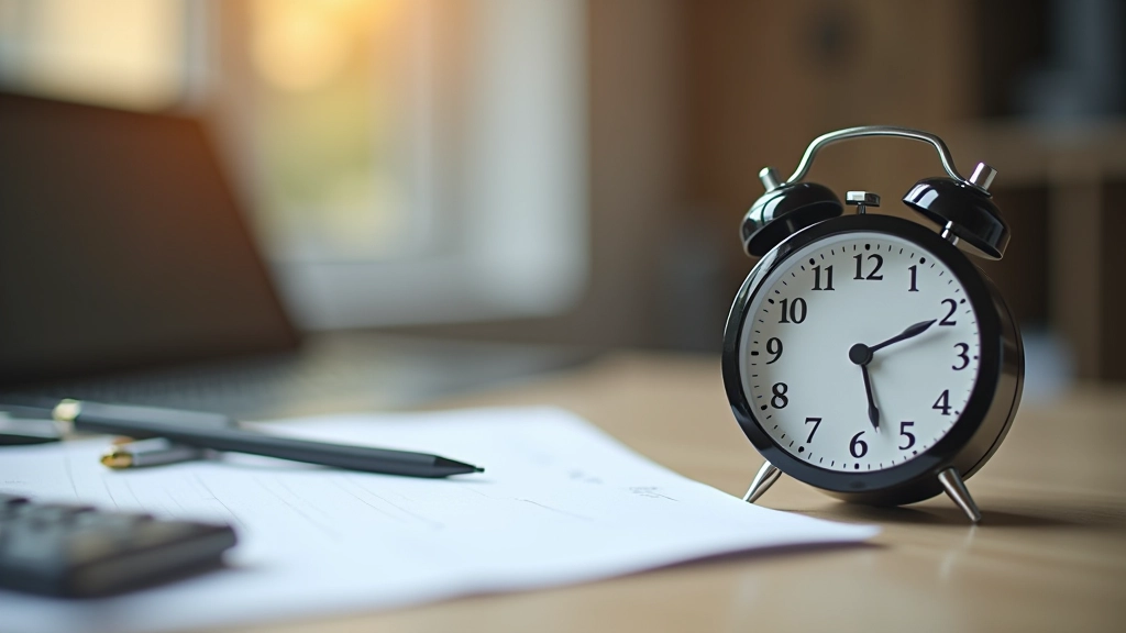 Cronometru și calendar pe birou alături de laptop, simbolizând urgență și planificare