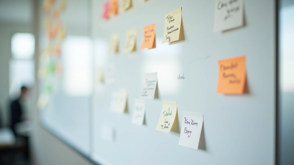 Tablă albă cu task-uri haotice, Post-it-uri lipite neregulat, text greu de citit, șterse parțial