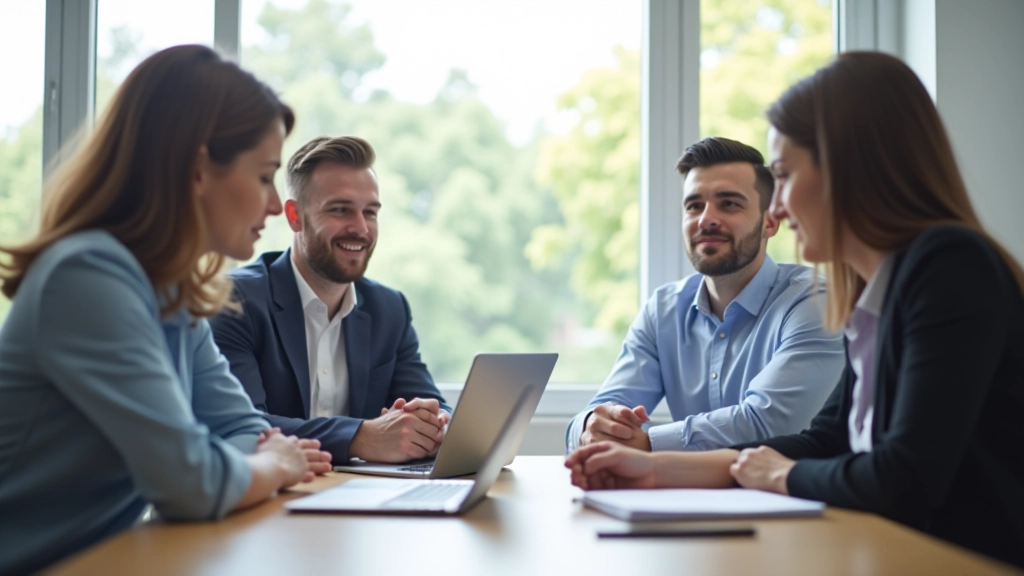 Cinci persoane în jurul unei mese în ședință de lucru, cu notițe și laptop pe masă