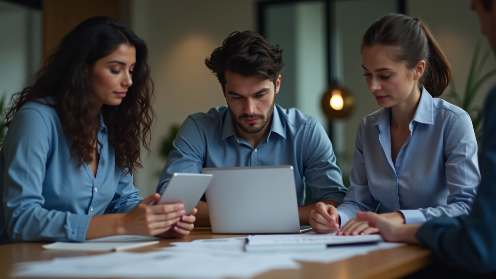 Echipă de trei oameni în jurul unei mese cu laptopuri deschise, discutând despre planuri și diagramă pe tablă