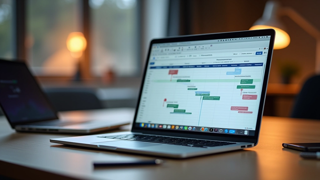Laptop pe birou afișând software de management de proiecte cu taskuri și timeline-uri