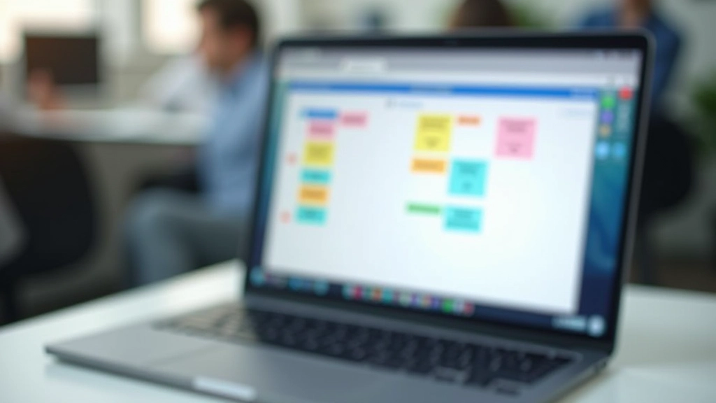 Ecran de calculator care arată un tablou Kanban cu carduri colorate reprezentând sarcini în diferite stadii