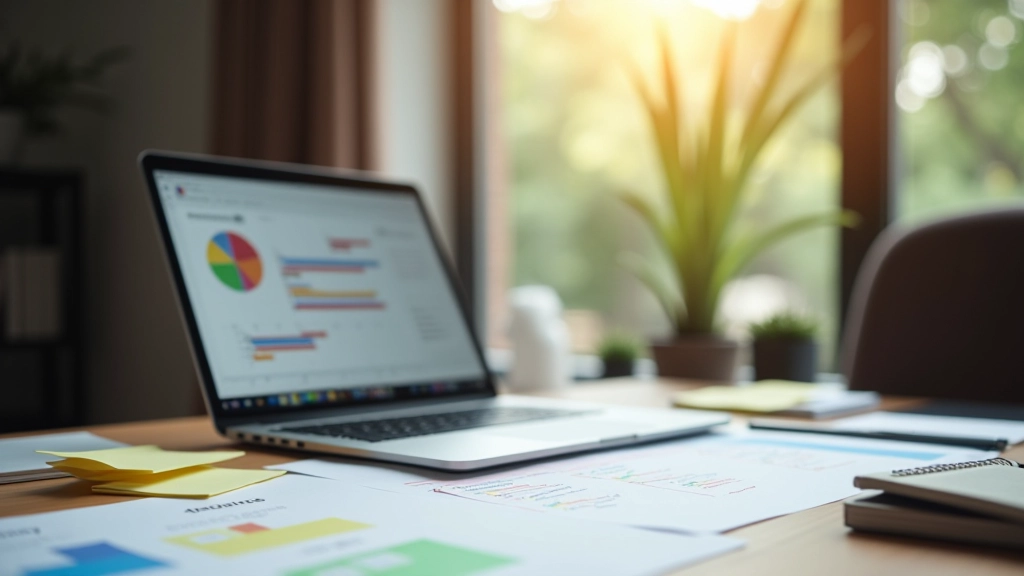 Masă cu calendare, notițe colorate și un laptop care arată o aplicație de management al proiectelor