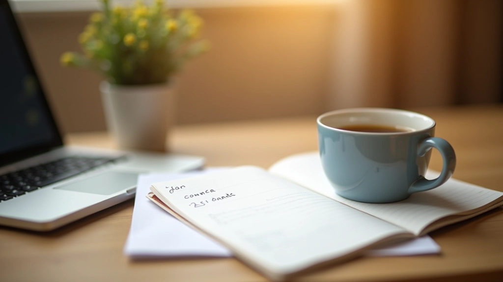 Jurnal cu planul zilei scris manual, marker și ceașcă de cafea pe birou lângă laptop