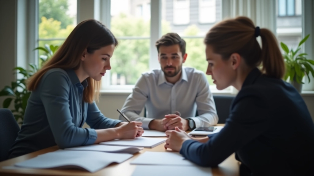 Birou mic cu trei oameni lucrând, cu foi și notițe pe masă, privesc într-o direcție comună