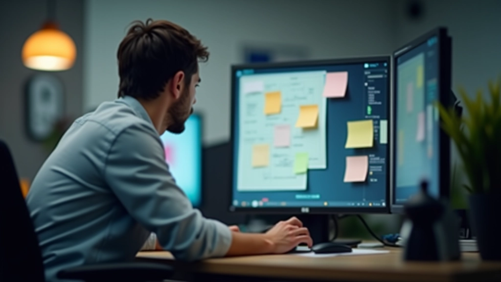 Persoană la birou care privește ecranul cu expresie frustrantă, cu notițe lipite pe monitor