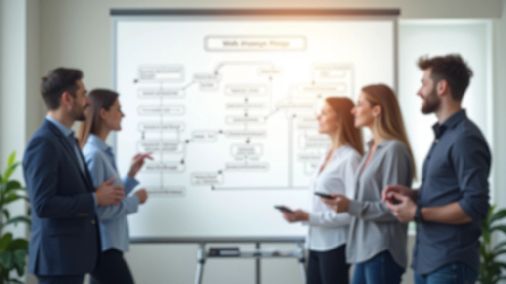 Trei persoane care analizează un tablă albă cu diagrame și săgeți care arată fluxul de lucru
