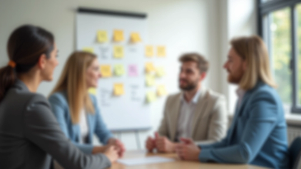 Echipă de patru persoane în jurul unei table albe, scriu sarcini pe Post-it-uri, vorbesc și se uită la tablă