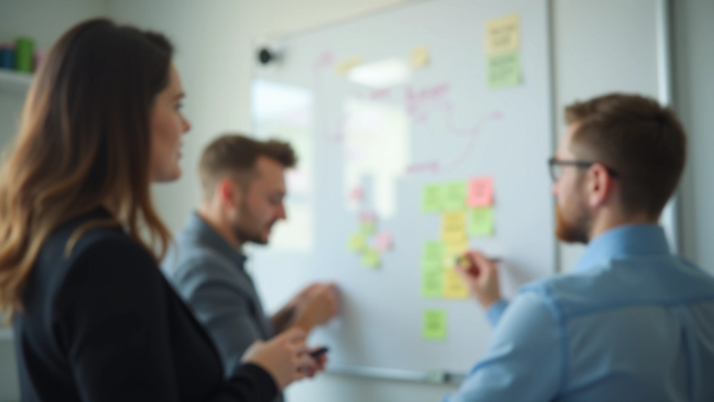 Echipă lucrând la tablă cu post-it-uri