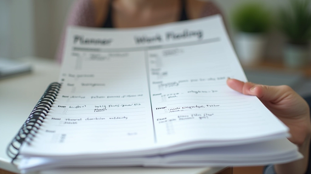 Calendar de planificare săptămânală cu notații zilnice și priorități marcate