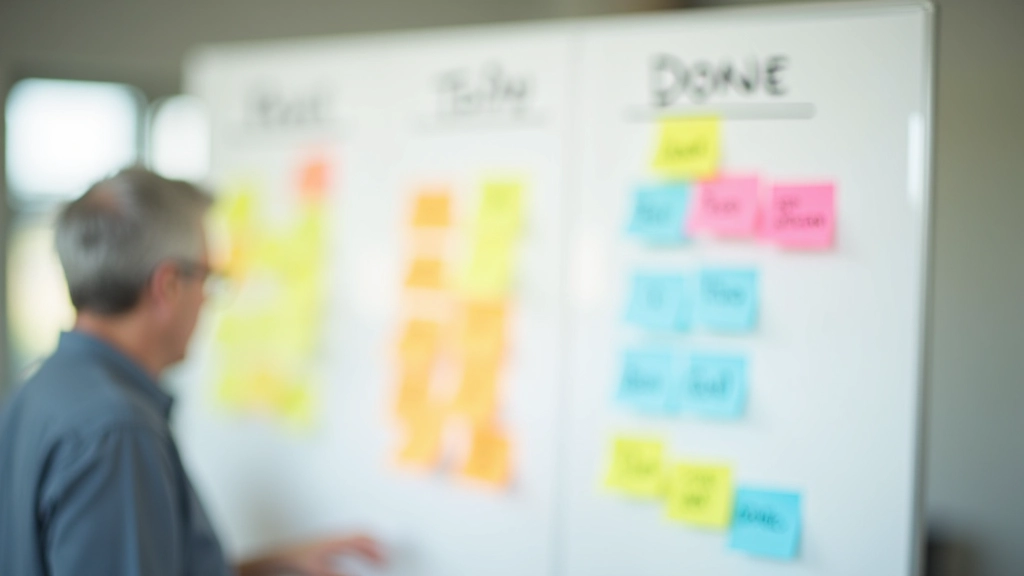 Tablă albă cu task-uri scrise și Post-it-uri colorate organizate pe coloane