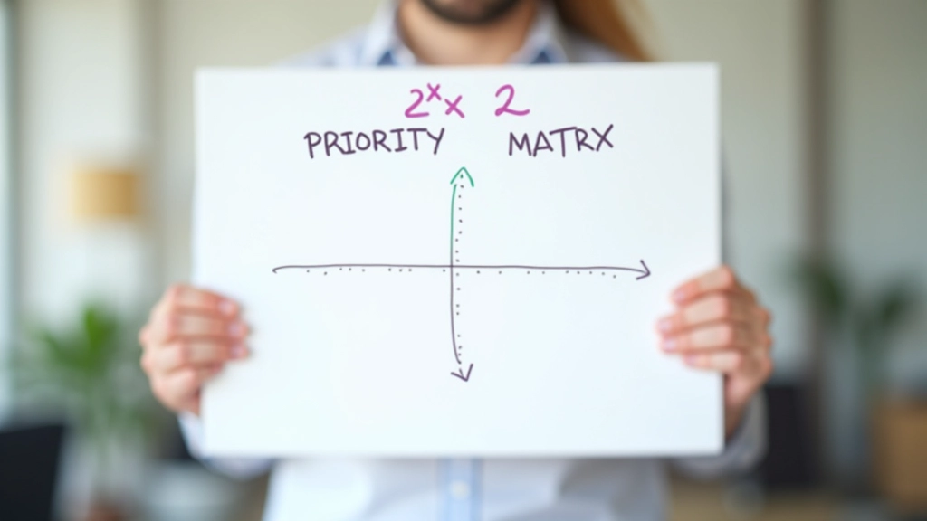 Matrice 2x2 a prioritizării desenată manual pe tablă albă cu markeri colorați, clar vizibilă