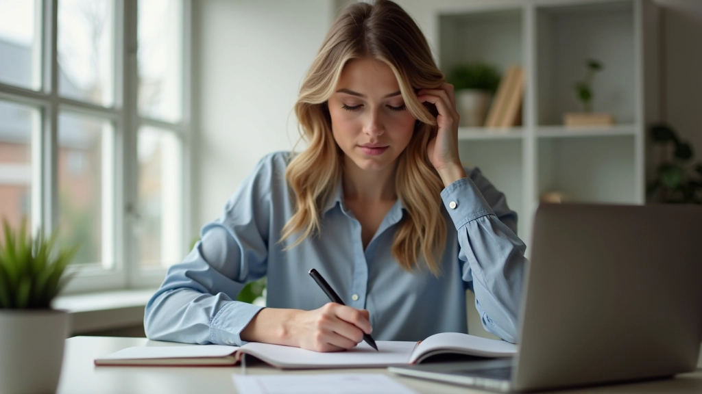 Persoană care scrie pe hârtie într-un caiet, cu un laptop deschis pe masă, planificând procese și sarcini