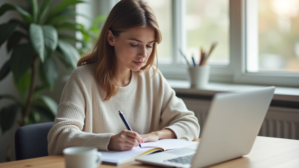 Persoană care scrie într-un caiet cu laptop deschis pe birou lângă cafea